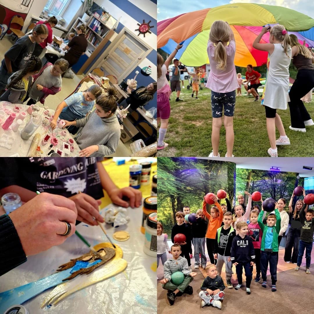 Obraz podzielony na 4 części prezentujące bawiące się dzieci