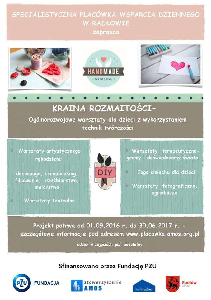 Plakat promujący Ogólnorozwojowe warsztaty dla dzieci z wykorzystaniem technik twórczości, o nazwie "Kraina Rozmaitości".