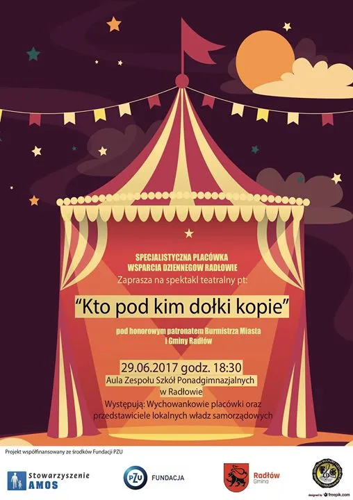 Plakat promujący spektakl "Kto pod kim dołki kopie".