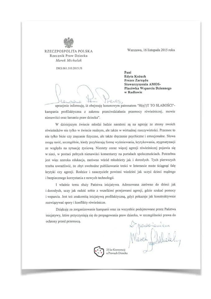 Zdjęcie przedstawia pismo informujące o tym, że Kampanię H(ej!)t swoim patronatem honorowym objął Rzecznik Praw Dziecka.