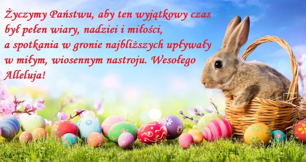 Obraz przedstawia życzenia Wielkanocne na rok 2021 "Życzymy Państwu, aby ten wyjątkowy czas był pełen wiary, nadziei i miłości, a spotkania w gronie najbliższych upływały w miłym, wiosennym nastroju. Wesołego Alleluja!"