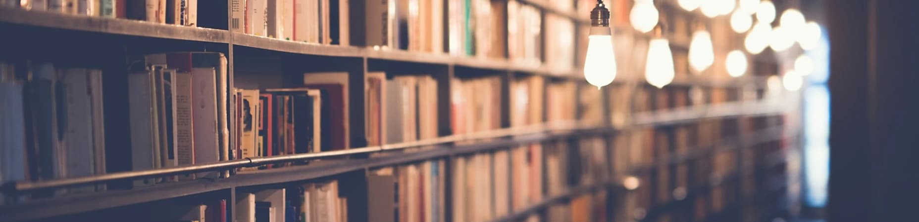 Biblioteka, zbliżenie na regał z książkami. Obok zwisające żarówki