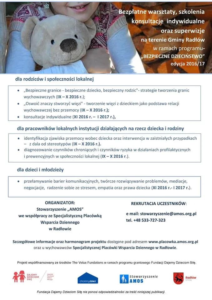 Plakat promujący warsztaty, szkolenia, konsultacje indywidualne oraz superwizje na terenie Gminy Radłów w ramach programu "Bezpieczne dzieciństwo"