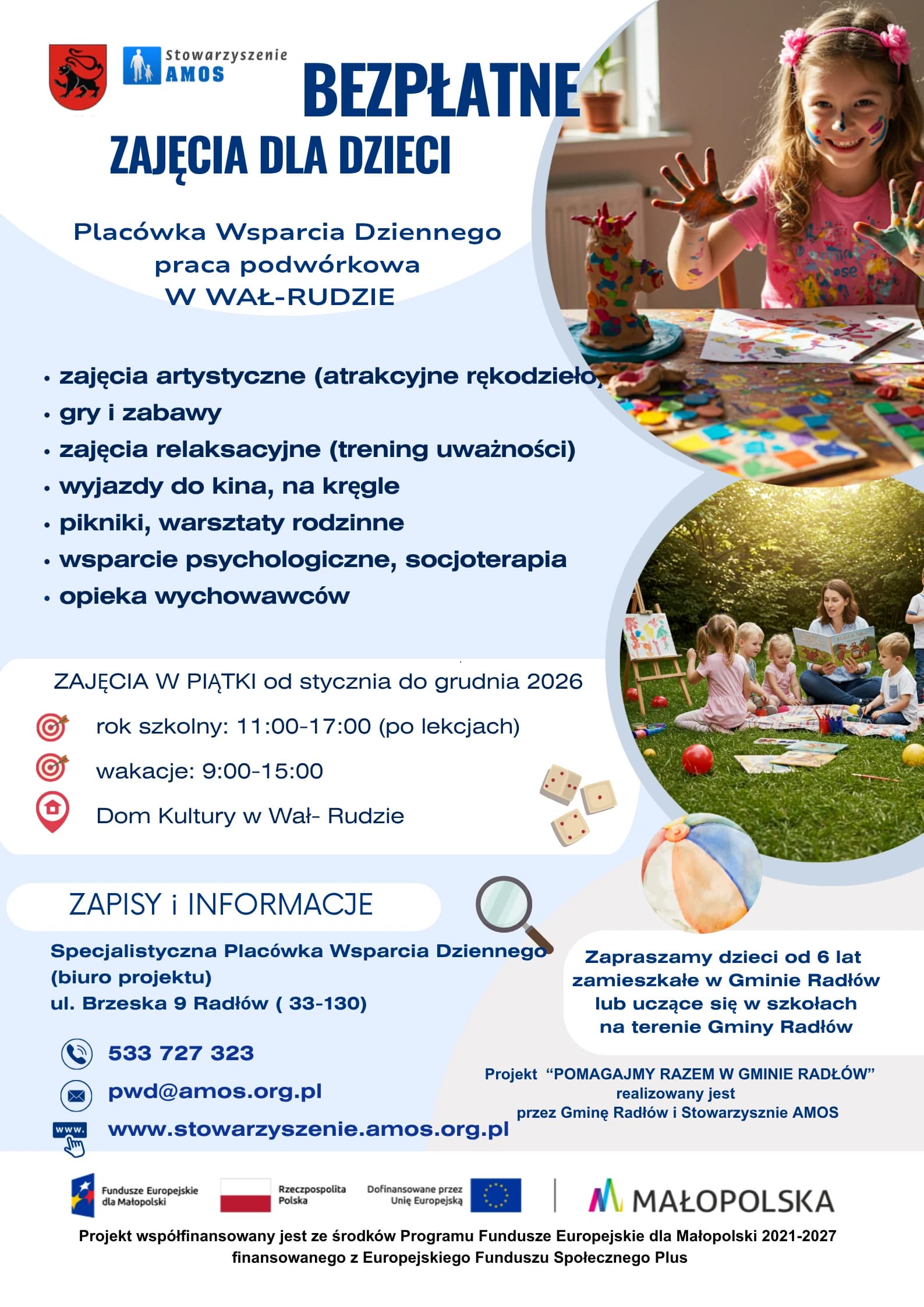 Plakat "bezpłatne zajęcia dla dzieci" w placówce