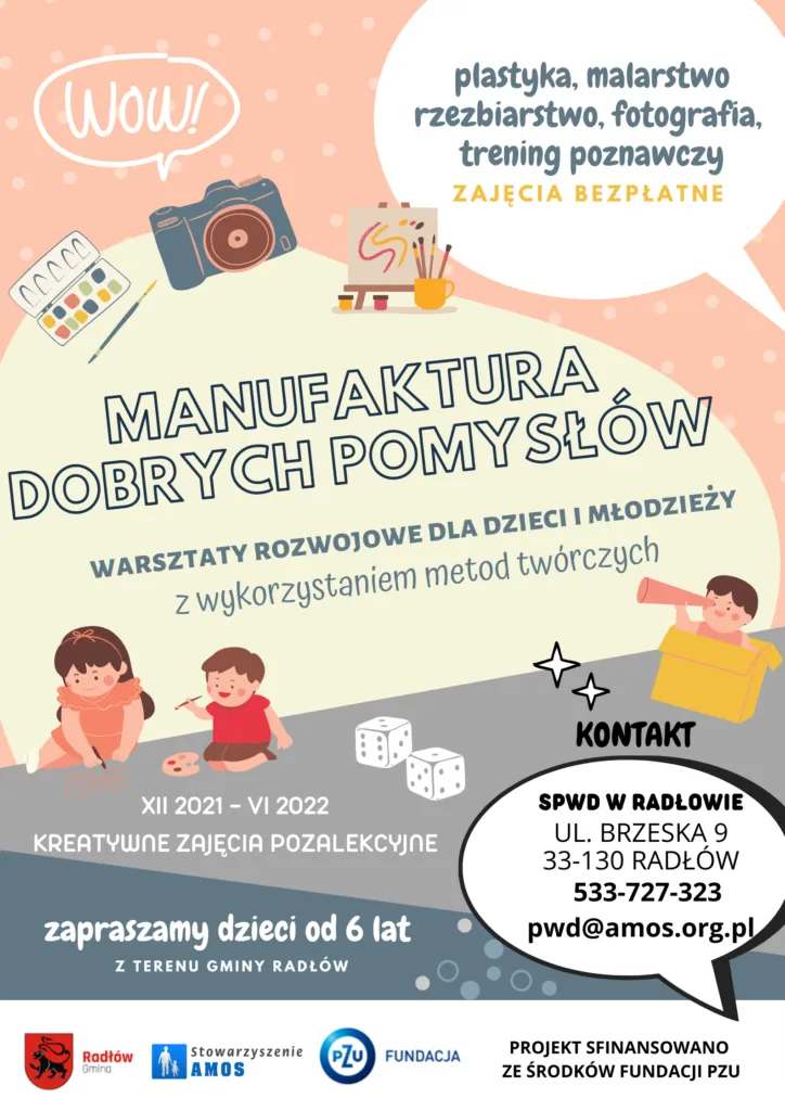 Plakat promujący projekt Manufaktura Dobrych Pomysłów – warsztaty dla dzieci w Radłowie